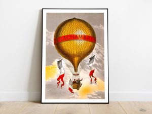Balloon labeled "H. Lachambre," with two men riding in the basket (1880)